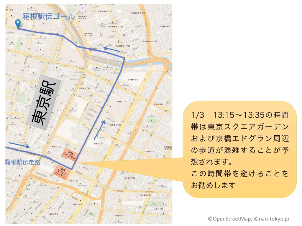 箱根駅伝復路での東京スクエアガーデンと京橋エドグランの混雑時間